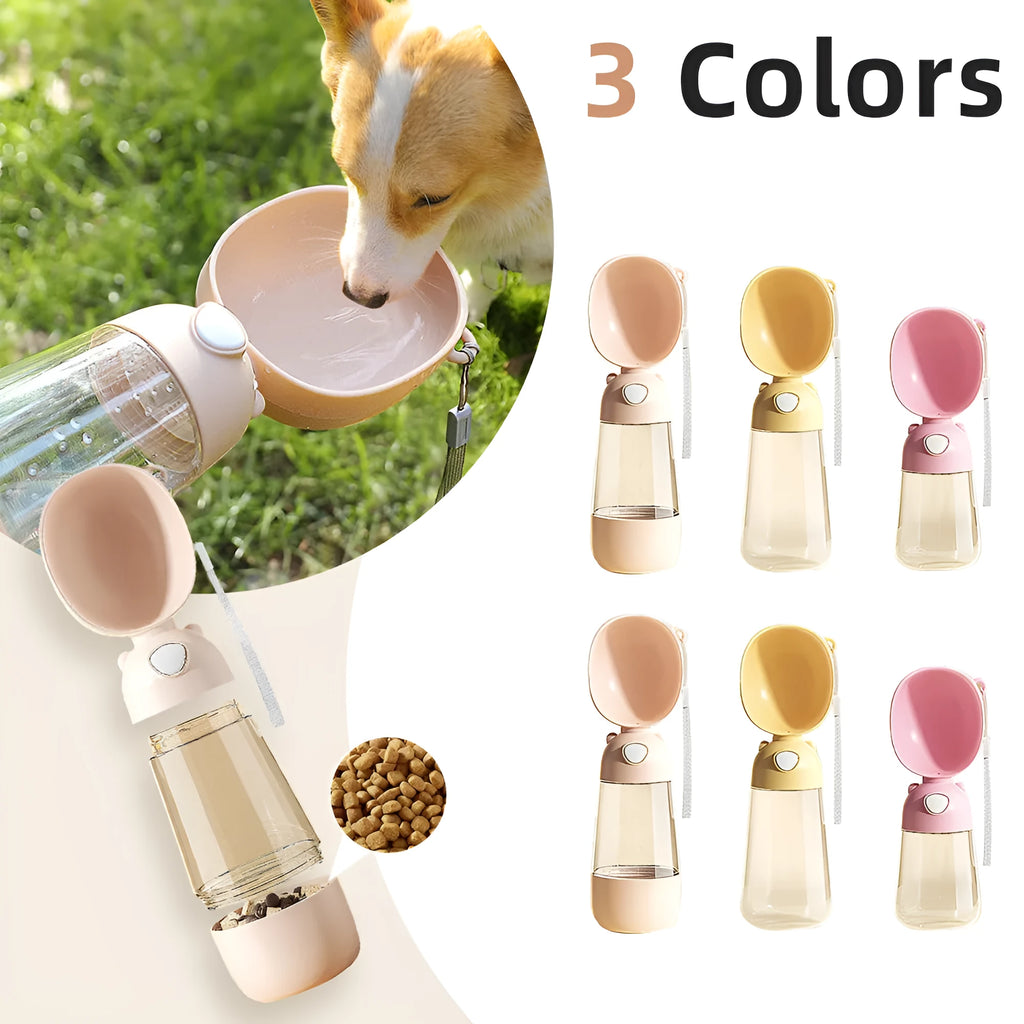 Portable dog water bottle with integrated food container for outdoor travel with pets