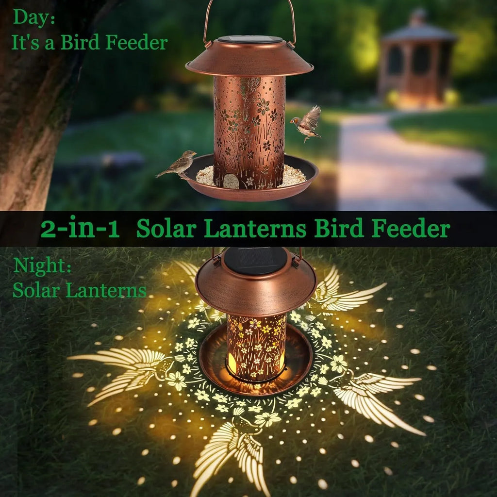 Solar-powered bird feeder lamp with hummingbird pattern iron art design for outdoor garden use