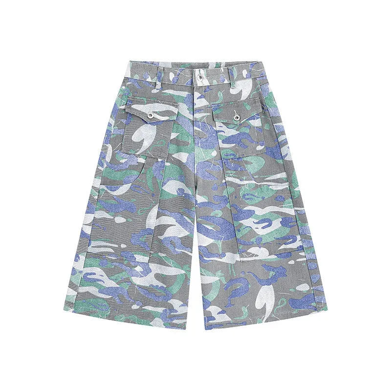 Men's camouflage colour denim cropped trousers with front pocket and zip fly closure