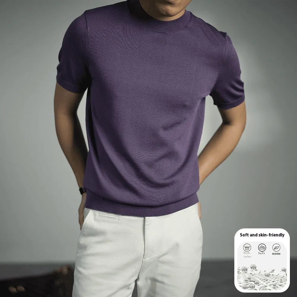 Men's knitted T-shirt with round neck and short sleeves in business gentleman style