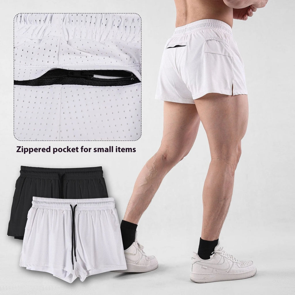 Men's black and white nylon quick-drying summer shorts on a size chart