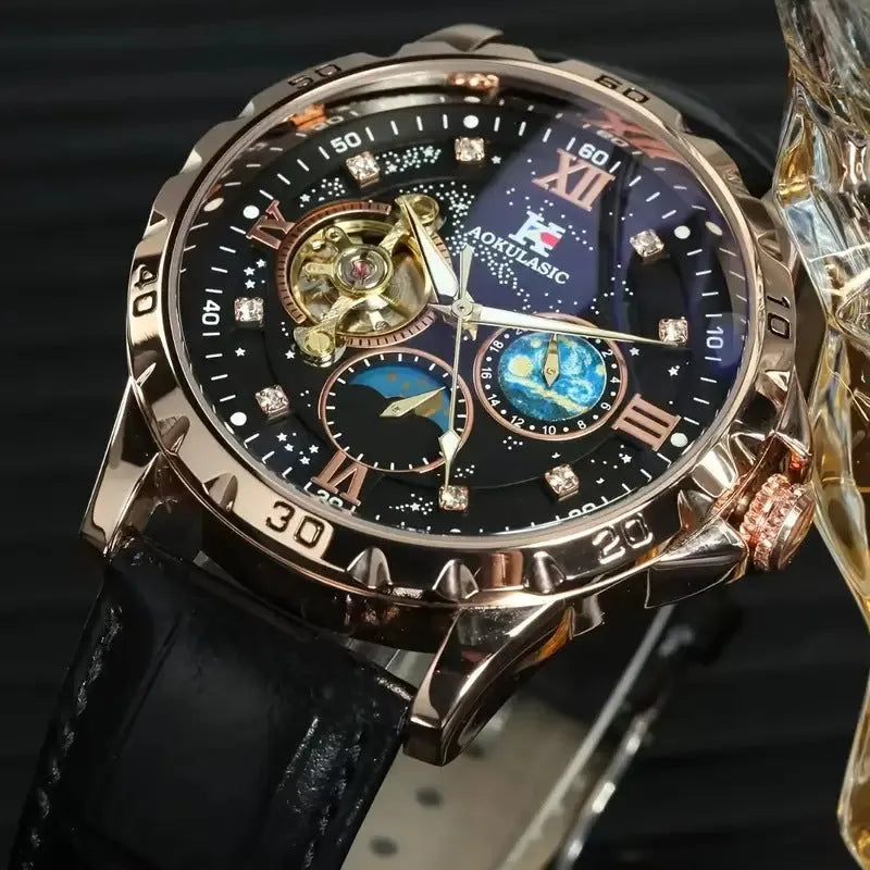 Black and rose gold automatic mechanical watch with large dial and genuine leather strap
