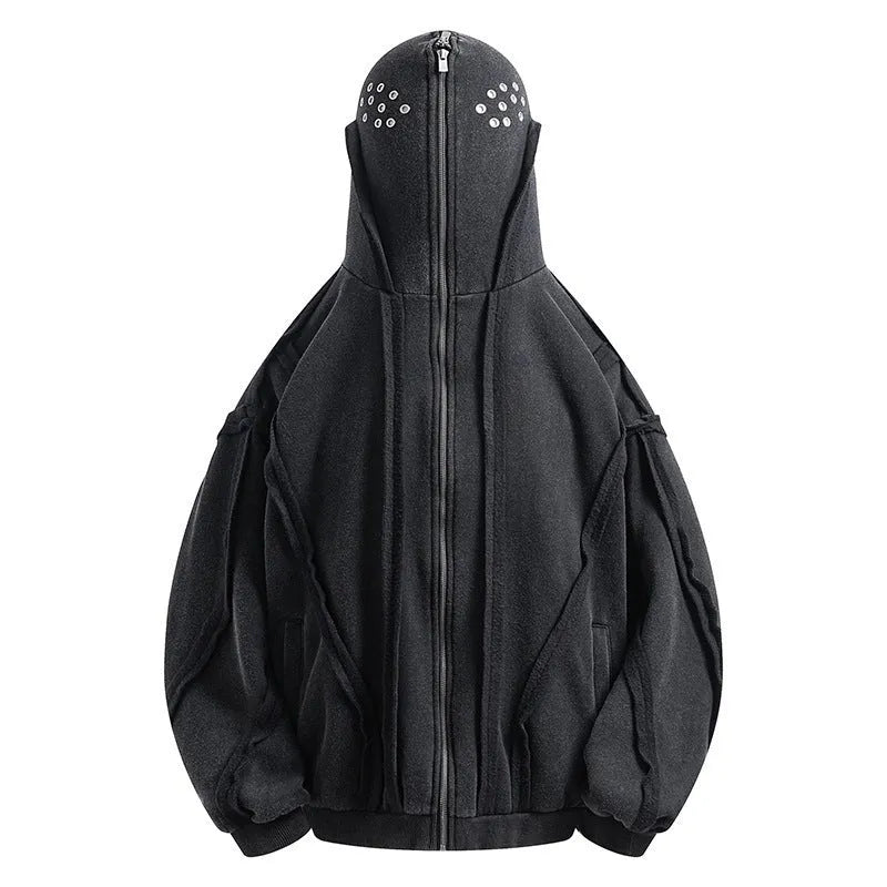 Black loose fit men's padded cardigan coat with zip front and hood