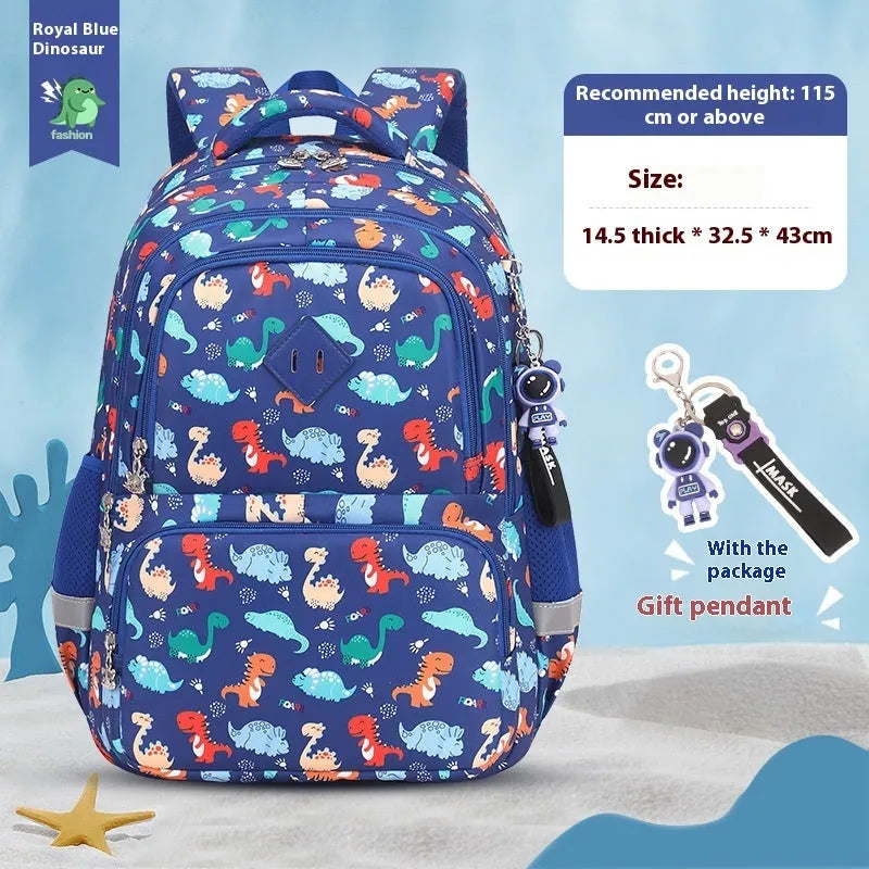 Blue dinosaur pattern children's waterproof school backpack with curved shoulder straps.