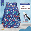 Blue dinosaur pattern children's waterproof school backpack with curved shoulder straps.
