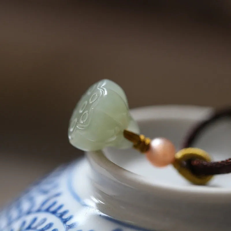 Natural Hetian jade short necklace with lotus seedpod pendant on green rope, handmade simple style