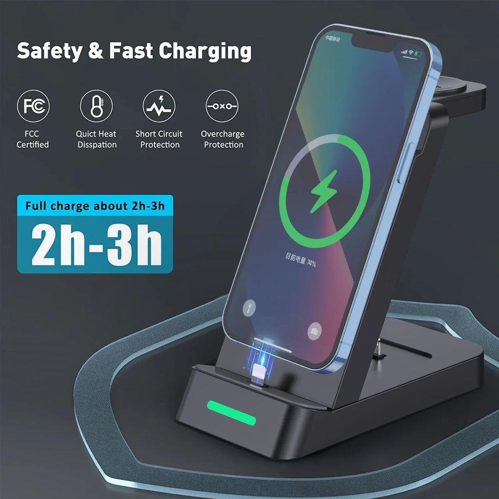 Black and white 3-in-1 wireless charging dock standing upright with phone on stand