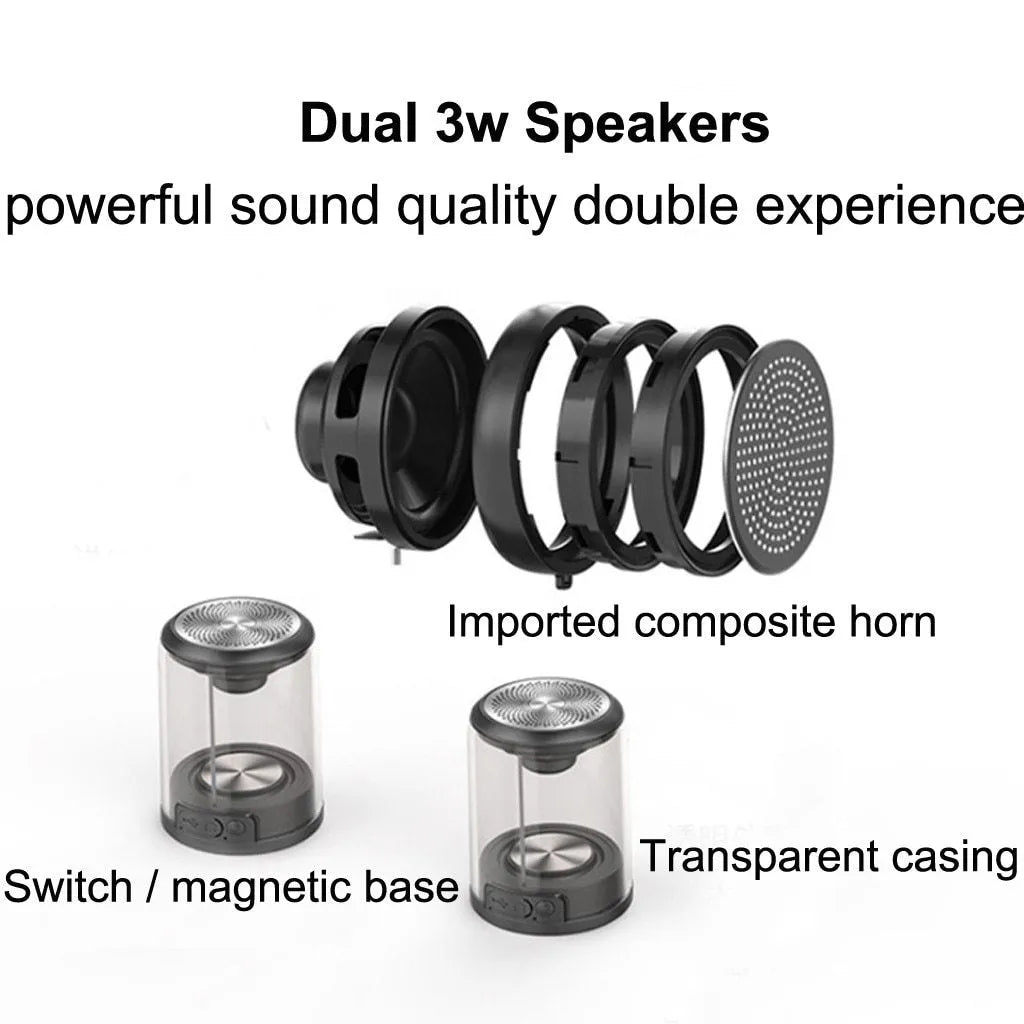 Transparent Bluetooth speaker with dual-radiation bass, magnetic suction cup, 65x80mm, black finish
