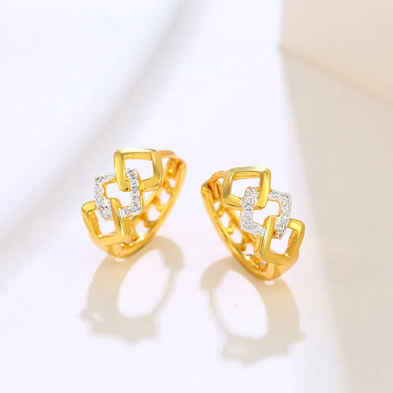Gold geometric hollow-out earrings with alloy construction and colour separation clip