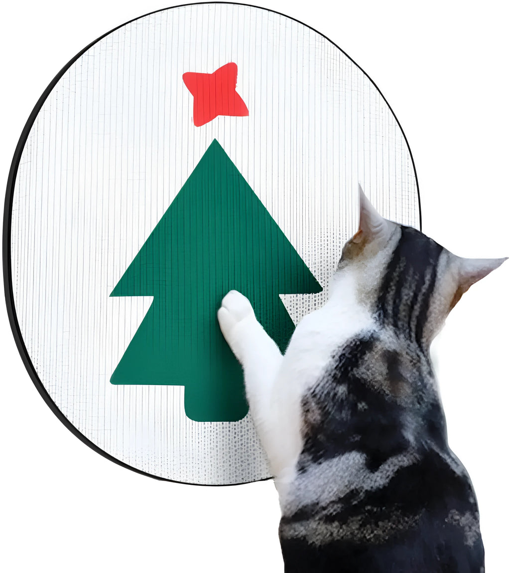 Wall-mounted rectangular cardboard cat scratch pad with catnip on a home wall