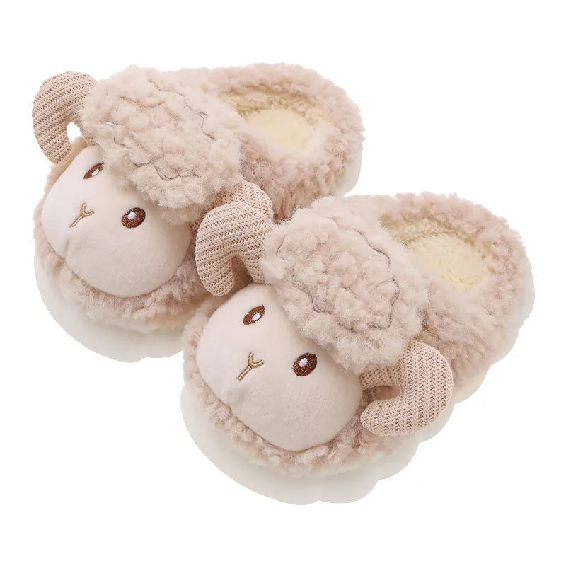 Children's fluffy cartoon slippers with plush upper and PVC sole in pink and beige