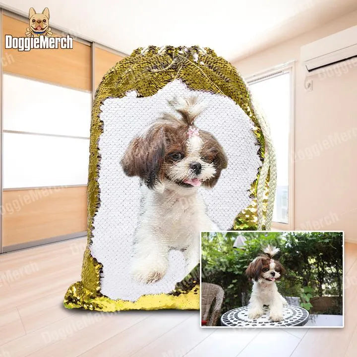 Custom pet photo backpack with glittering sequins in purple, gold or silver options
