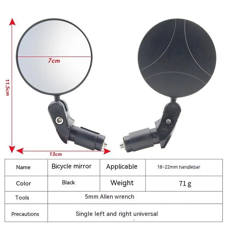 Black foldable convex rearview mirror with a 7cm reflector, shown extended to 14cm