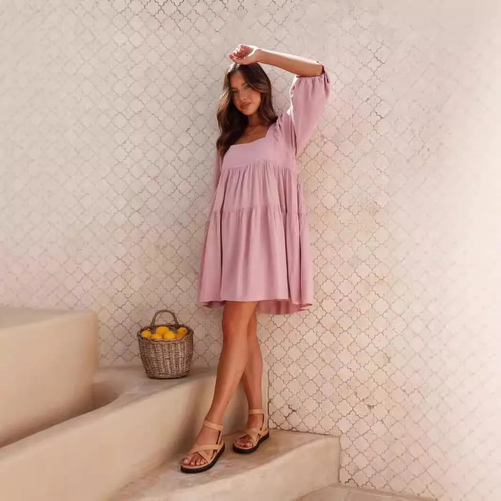 Children's orange backless dress with square collar neckline and puff sleeves in A-line silhouette
