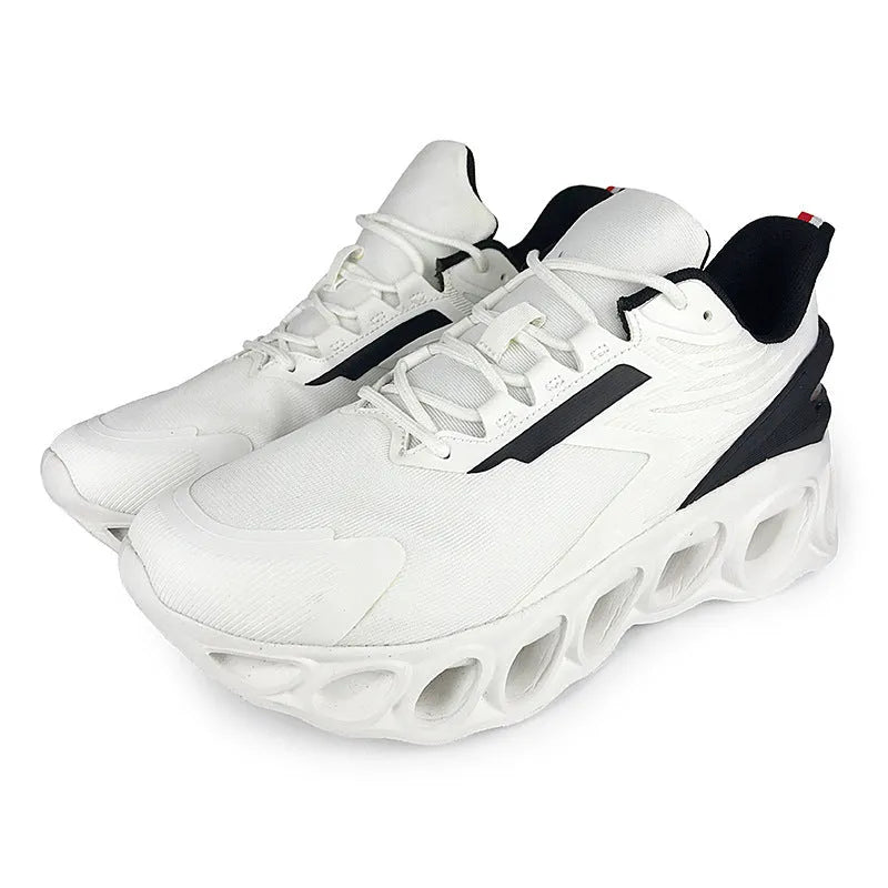 Men's low-top mesh sports shoes in black colour with white sole and lace-up front