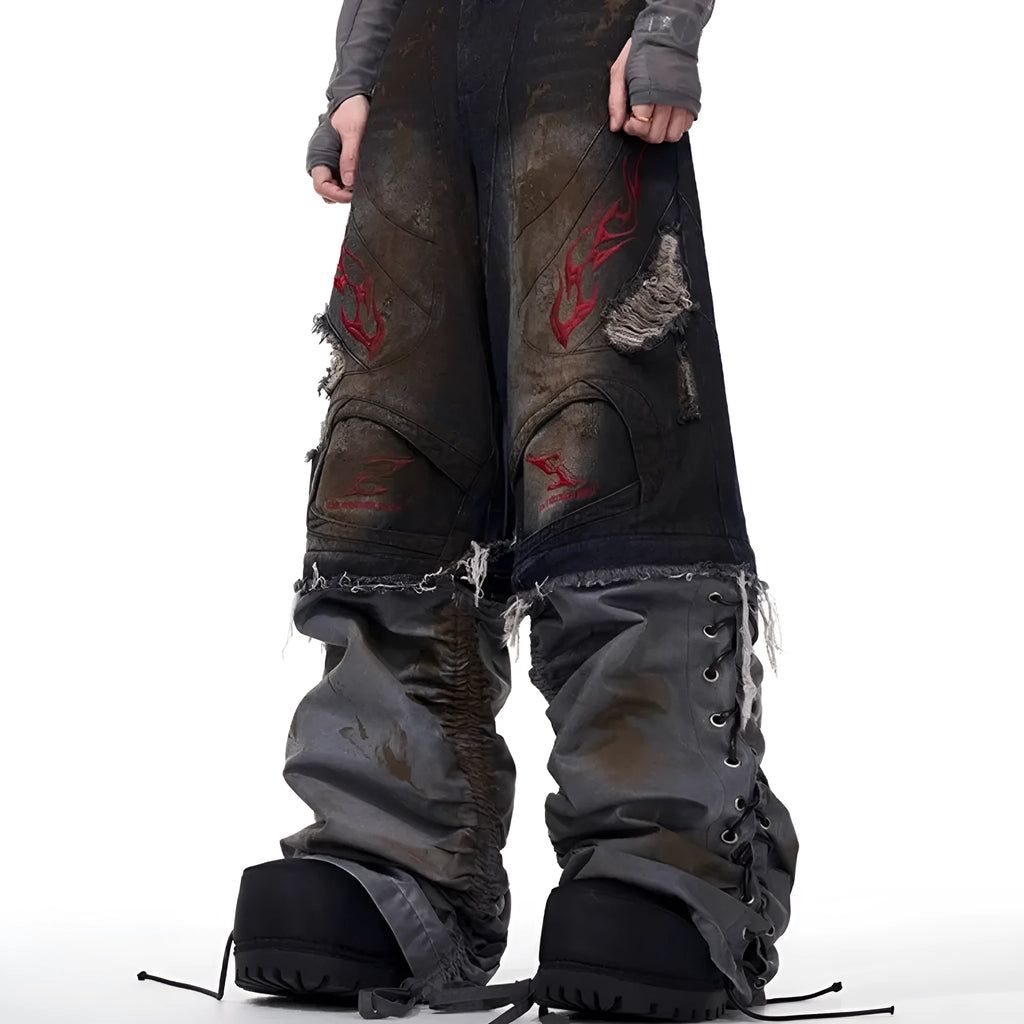 Men's retro style denim jeans with detachable trouser legs in a wide leg, loose fit.