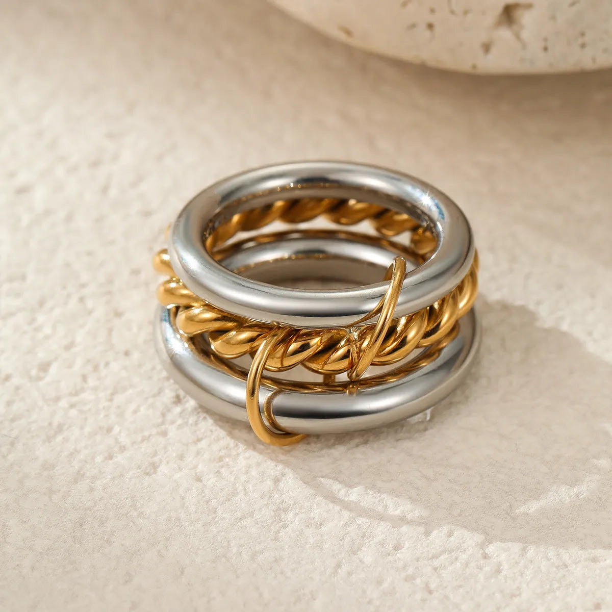 Stacked stainless steel rings with 18K gold plating in free size for women