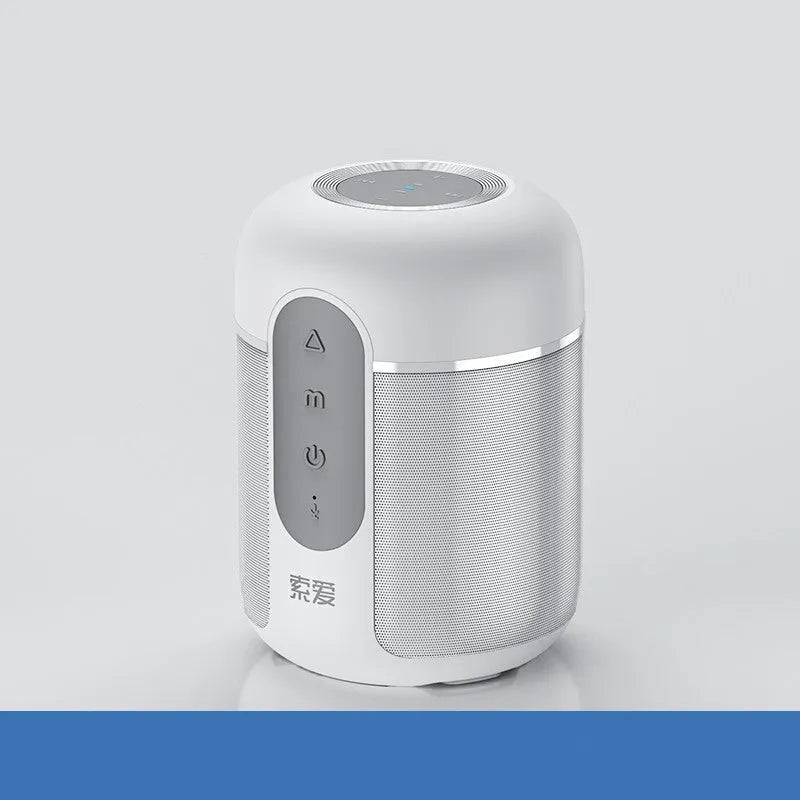 Black portable Bluetooth speaker showing front grille and control buttons