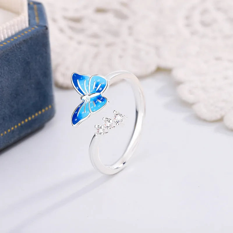 National style new Chinese enamel butterfly ring with adjustable opening, blue hue, copper base, silver finish
