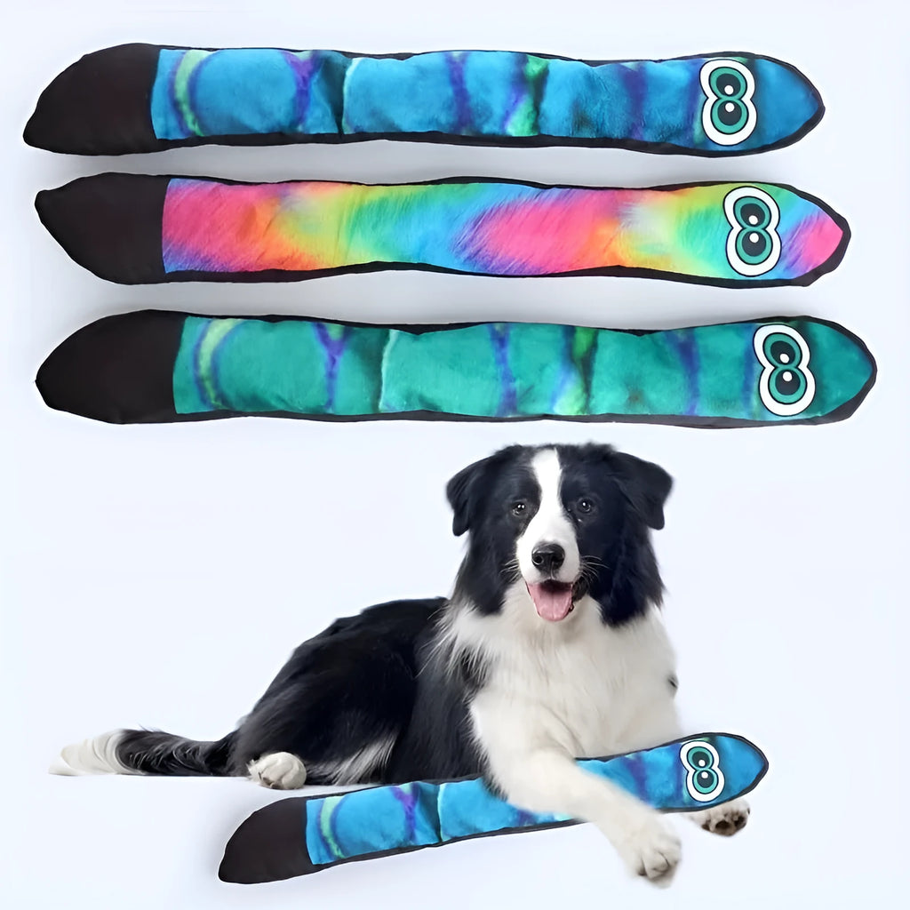 Snake-shaped multicolour stripe print plush squeaky dog toy for chewing and interactive play