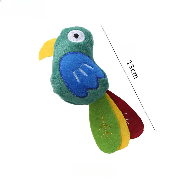 Plush cat toy shaped like a blue parrot with a hidden catnip pocket for interactive play.