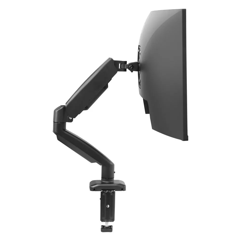 Black rotating telescopic LCD screen bracket elevated on table with monitor