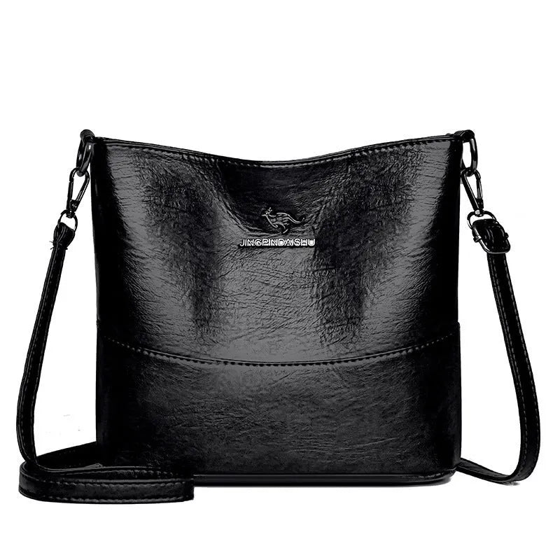 Women's soft leather shoulder bucket bag in black, wine red, or ginger yellow with mobile phone pocket