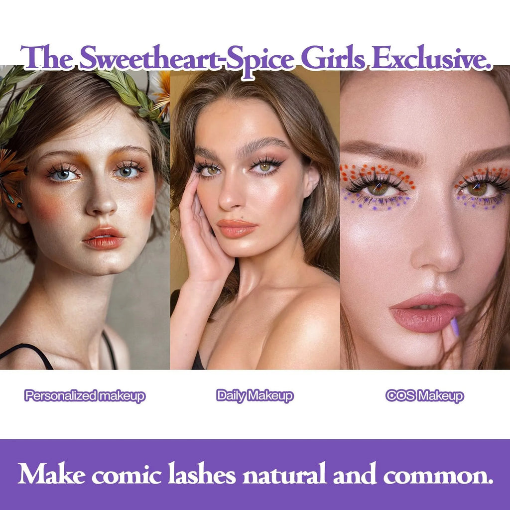 Set of manga style false eyelashes showing natural slim length styles 007, 008, and 009 on black plastic bands.