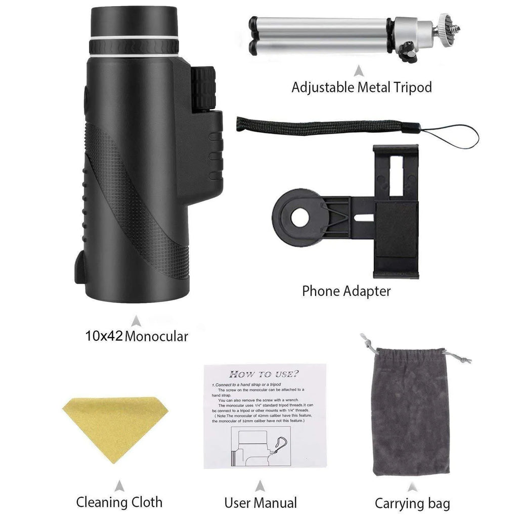 Black 40x60 monocular telescope with 144mm length showing objective lens and eyepiece