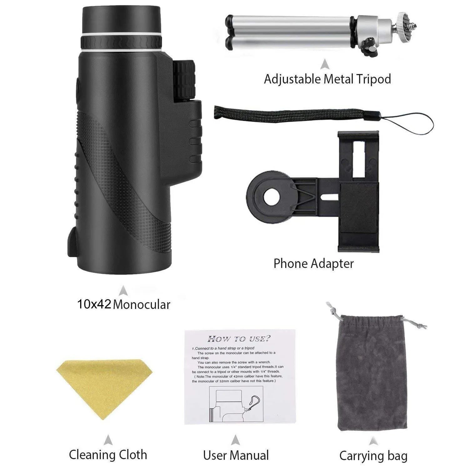 Black 40x60 monocular telescope with 144mm length showing objective lens and eyepiece