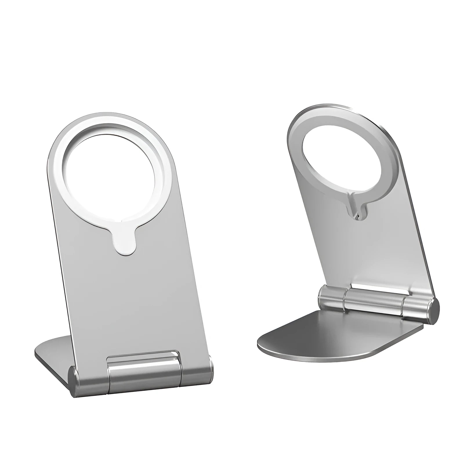 Silver vertical adjustable magnetic phone bracket on a desk, holding an iPhone 12.
