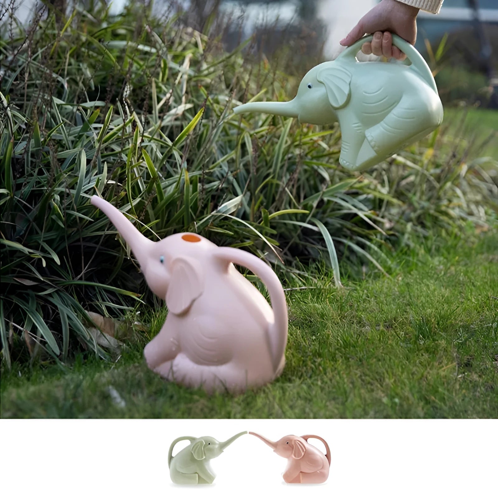 Pink children's watering can shaped like a sitting baby elephant with a long spout.