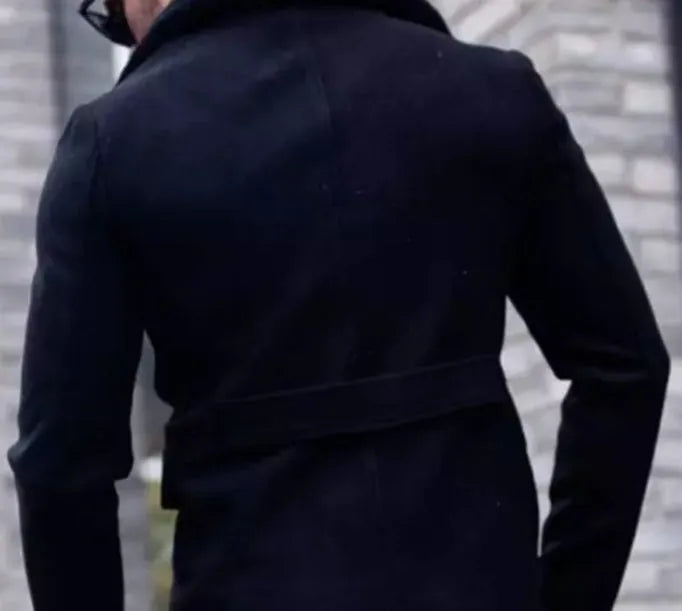 Men's fur collar coat in woolen blend, British style, available in Black and Army Green