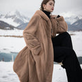 Brown leopard print plus size women's faux fur coat with 100cm length and regular sleeves