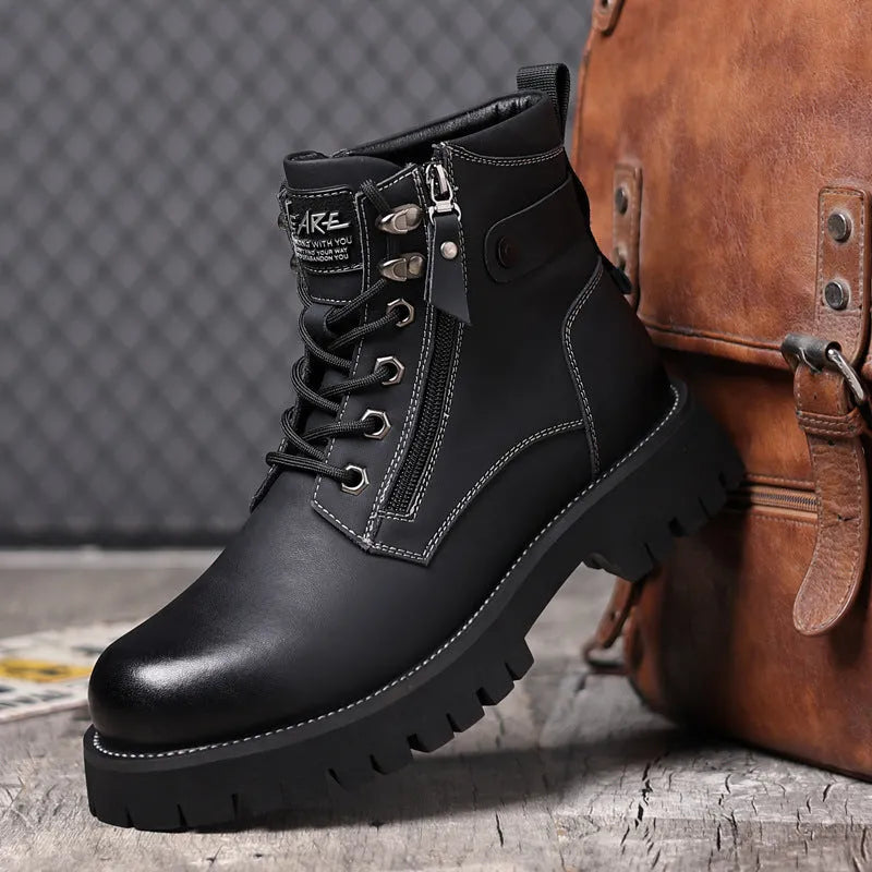Men's brown leather high-top boots with side zipper and mid heel for height increase