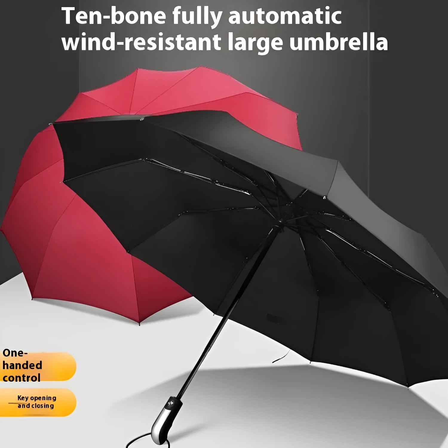 Automatic opening triple-fold business sun-shade umbrella in black colour with steel ribs and rubber handle