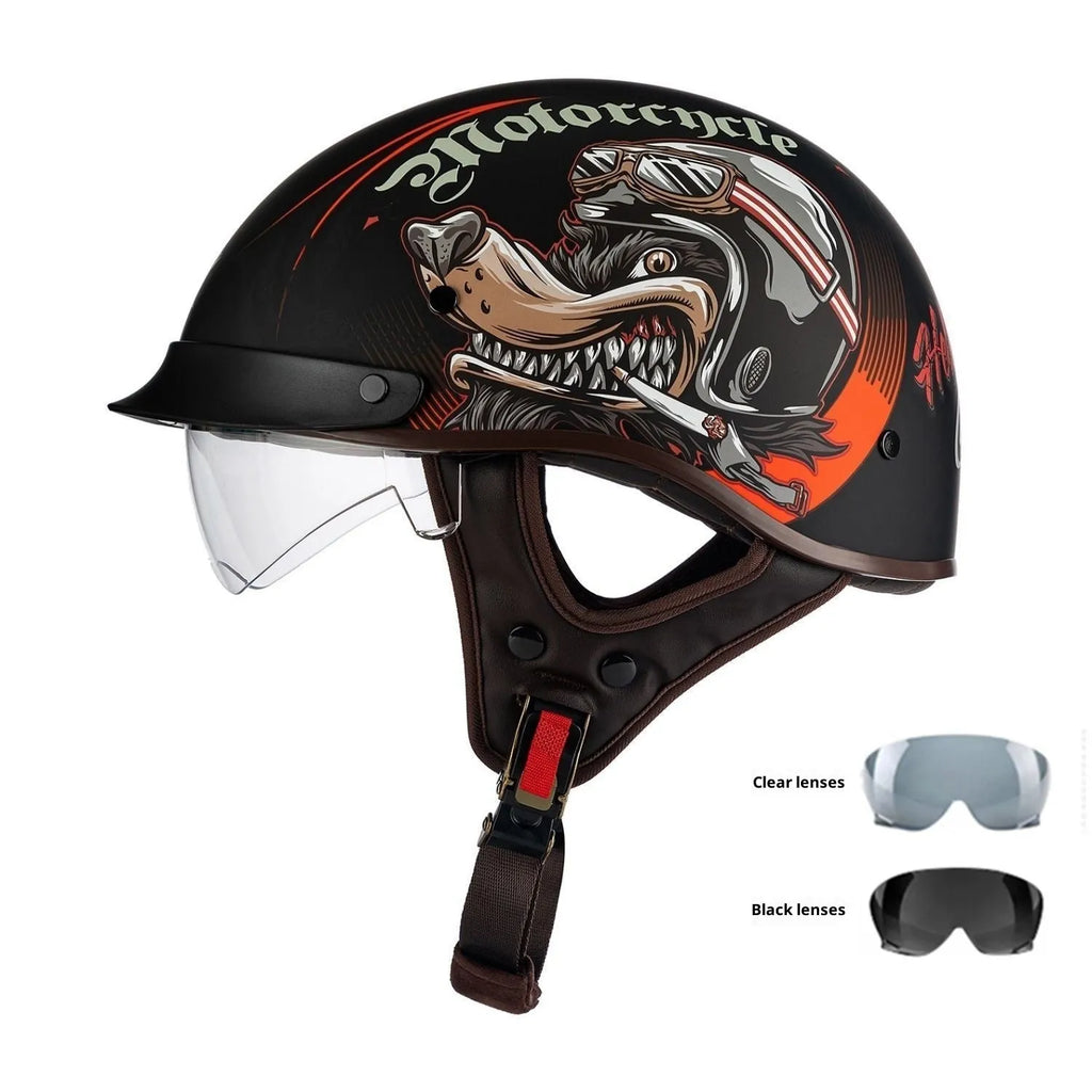 Retro electric motorcycle helmet in matte black with Whirlwind Dog graphic, shown on a rider.