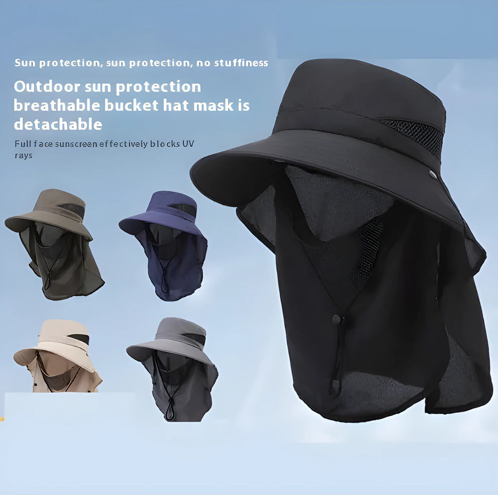 Man wearing a grey adjustable wide-brim fisherman hat made of polyester for sun protection.