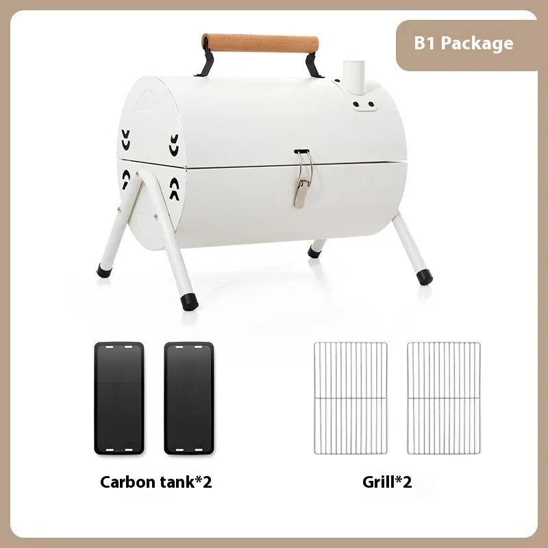 White round chimney portable folding grill with carbon tanks and grilling mesh for outdoor cooking