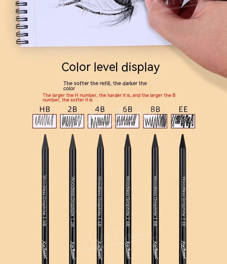Set of six wood-free graphite sketching pencils with HB, 2B, 4B, 6B, 8B, and EE hardness grades
