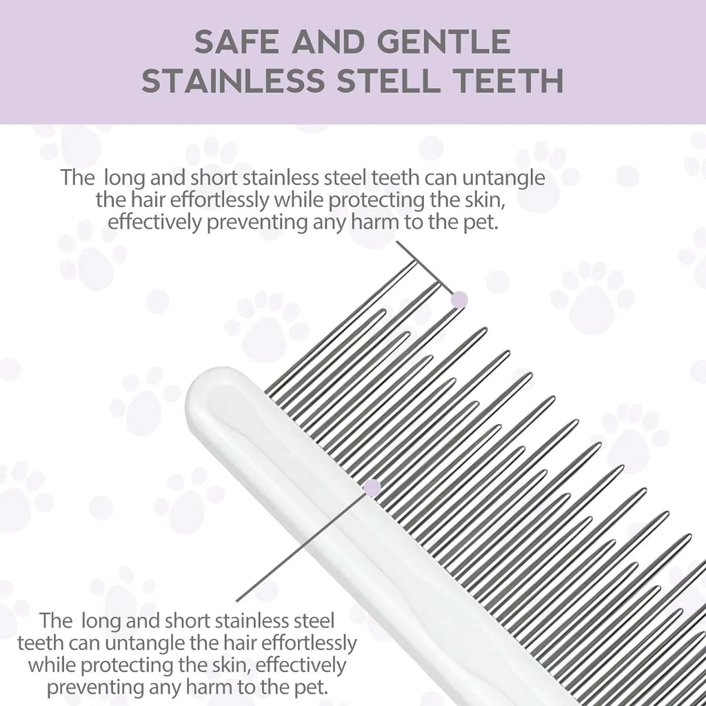 Purple pet grooming comb with stainless steel long and short teeth for detangling dog and cat fur