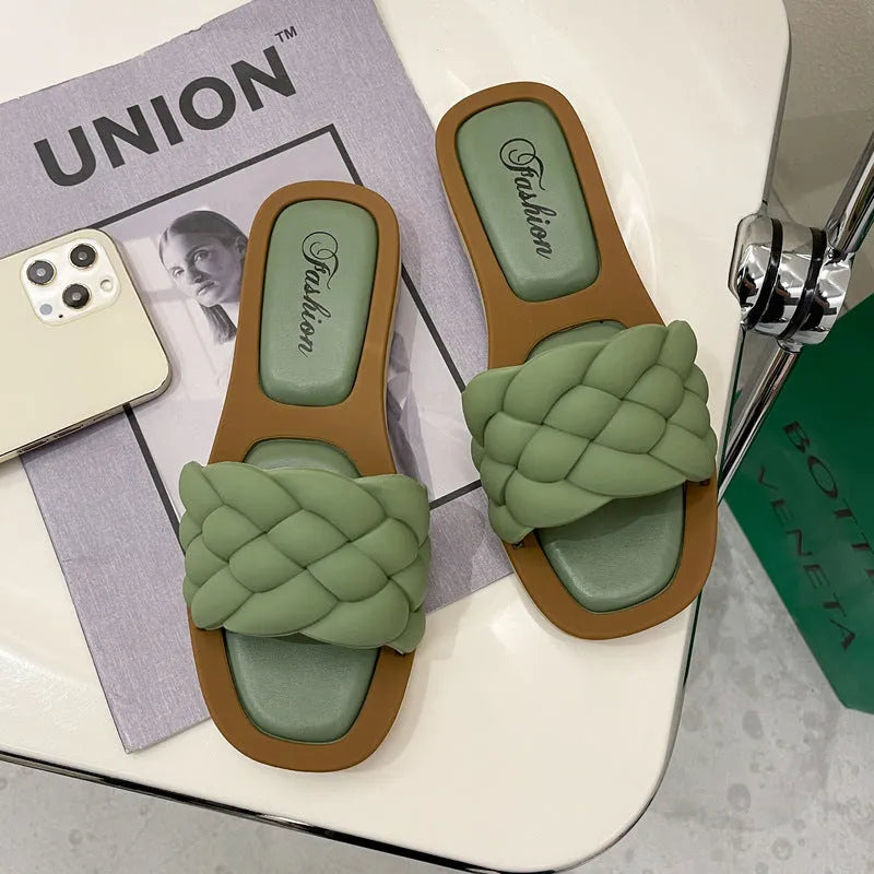 Women's plaid pattern beach sandals with thick PVC soles in black, green, orange or white colours