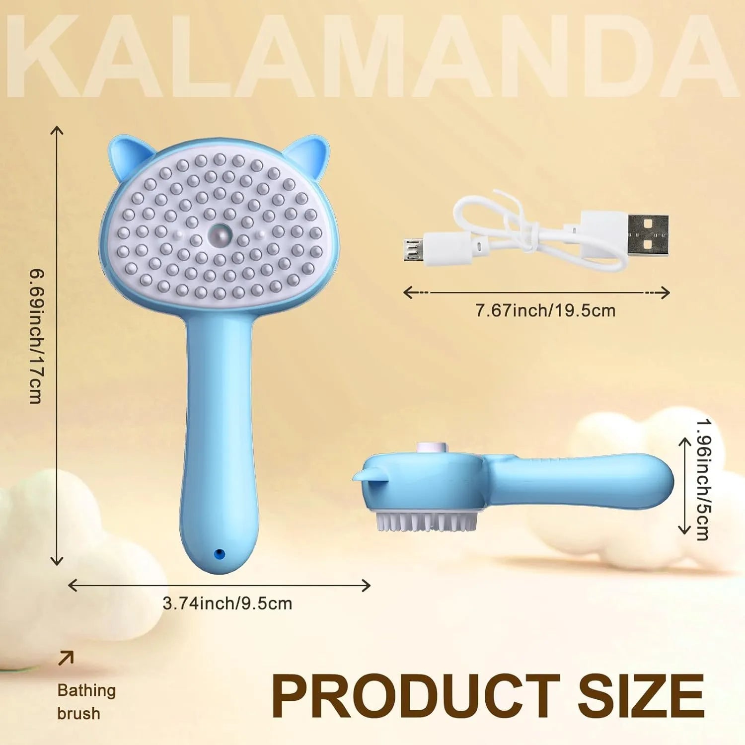 Blue cat ear-shaped steam brush with rubber bristles and release button for pet grooming
