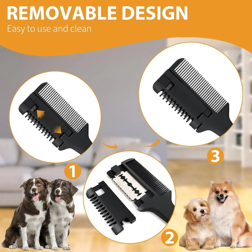 Razor comb for dogs and cats with comb and trimming blade, includes 10 spare stainless steel blades.