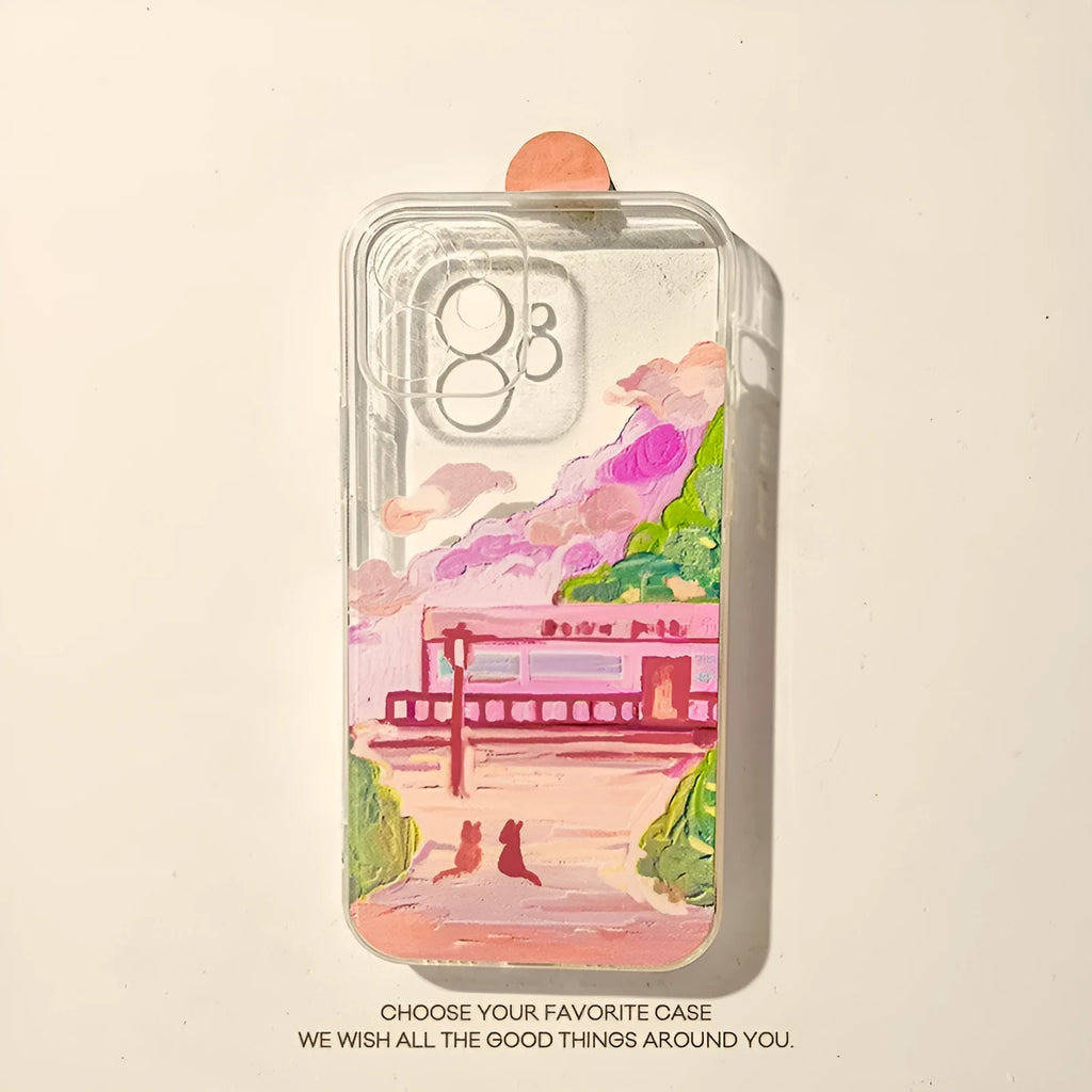 Soft silicone mobile phone case featuring a colourful two cat cartoon print on the back.