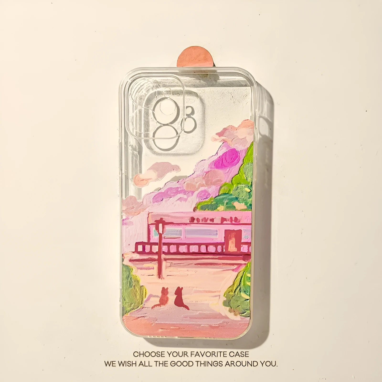 Soft silicone mobile phone case featuring a colourful two cat cartoon print on the back.