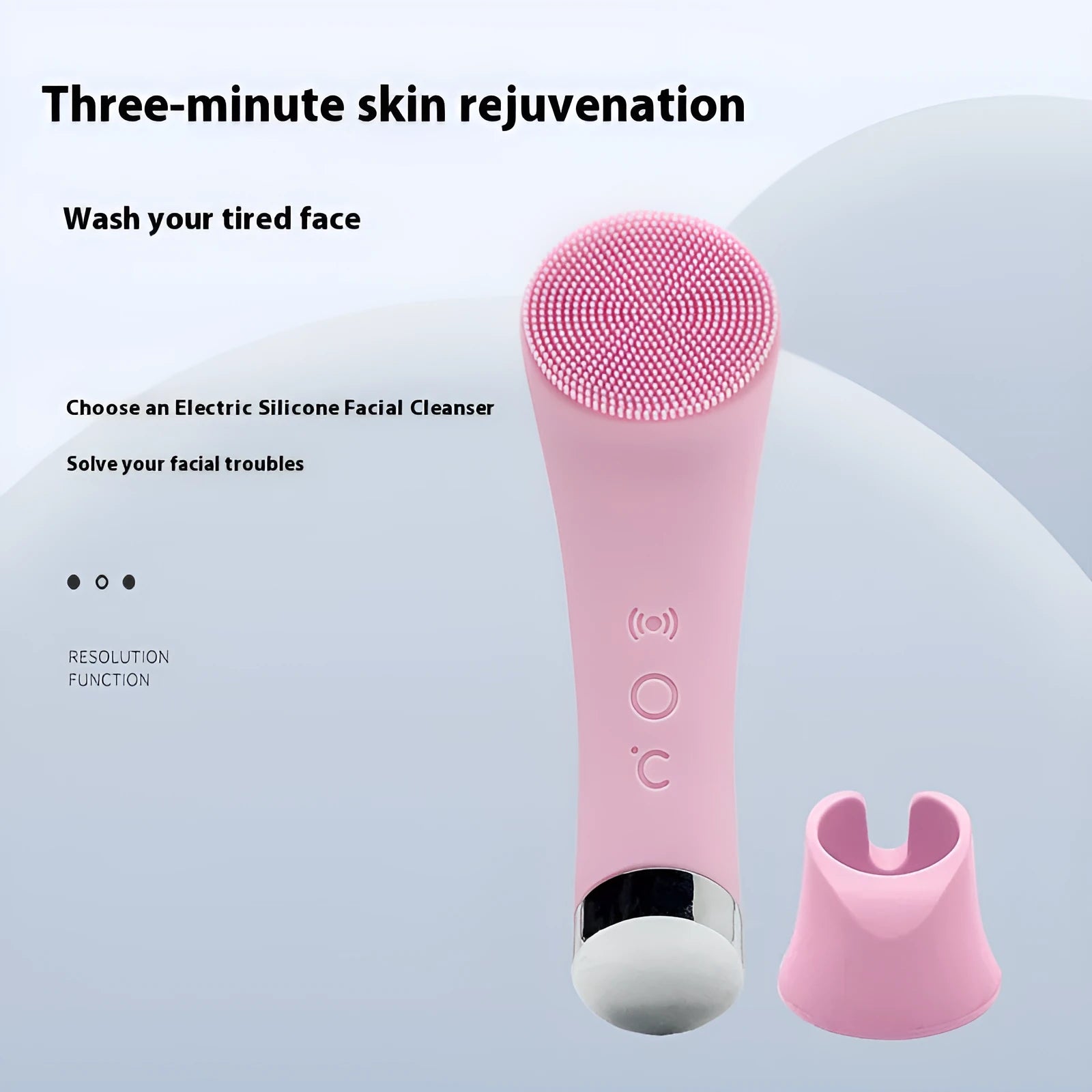 Pink electric silicone face cleansing brush with vibration and heating functions, USB rechargeable