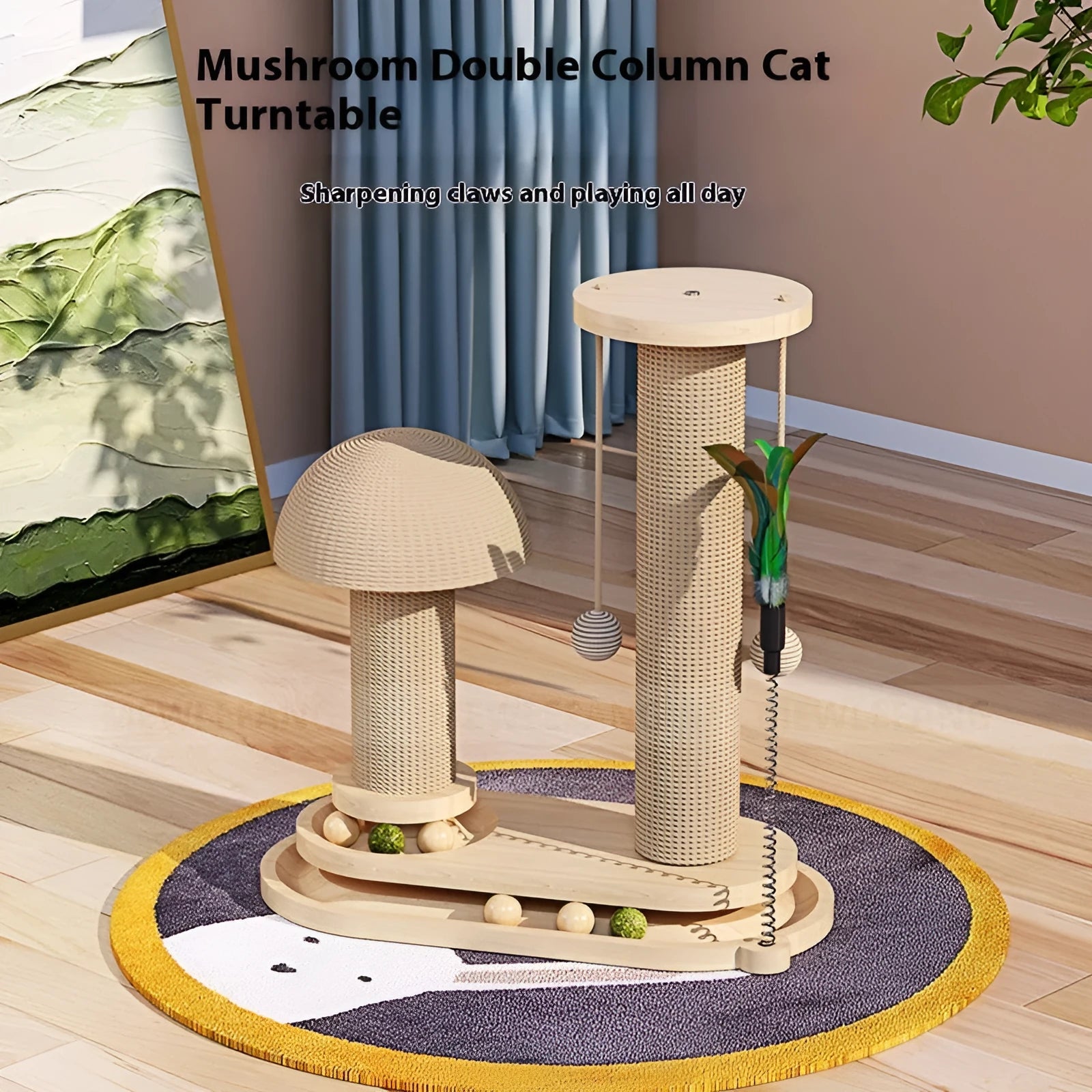 Solid wood cat turntable scratching post with natural wood scratching surface and multiple design variants