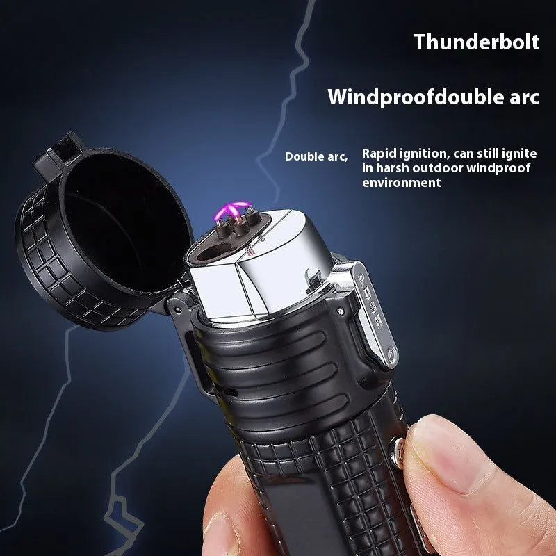 TH727 multi-function waterproof metal flashlight lighter in camouflage, red, black, blue, and yellow colour options.