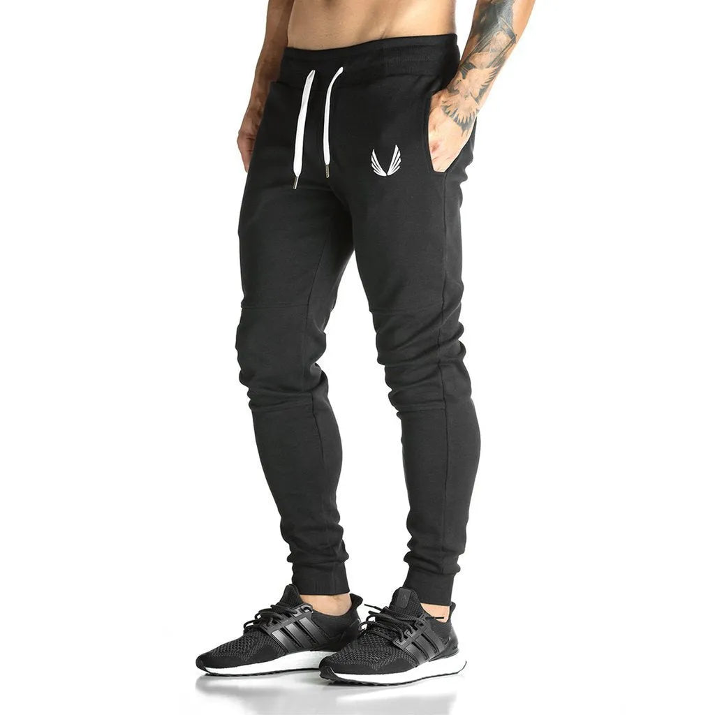 Men's cotton running training pants with drawstring waist and ribbed hem in dark grey, straight tube leg style
